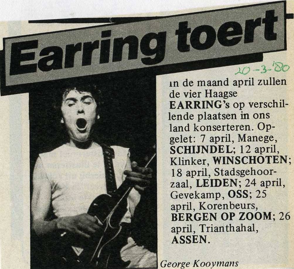 Earring toert article in Hitkrant magazine 1980